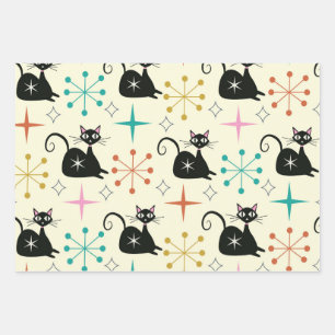 Feuille De Papier Cadeau Chat atomique de milieu de siècle avec étoiles écl