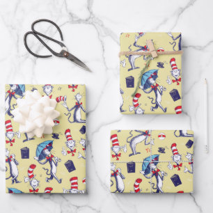 Feuille De Papier Cadeau Chat Dans Le Casquette   Motif jaune