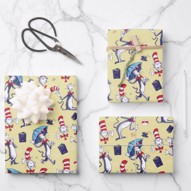 Feuille De Papier Cadeau Chat Dans Le Casquette | Motif jaune (Recto)