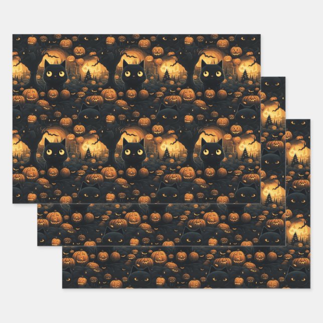 Feuille De Papier Cadeau Chat dans le patch Citrouille (Lot)