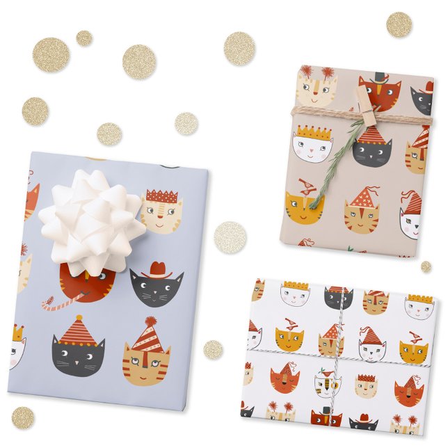 Feuille De Papier Cadeau Chat de fête (Party cat fun gift wrapping paper sheets in three colors and scales)