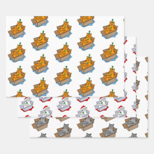 Feuille De Papier Cadeau Chat de Noël et d'Anniversaire orange, blanc et gr