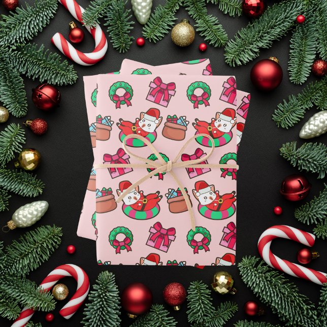 Feuille De Papier Cadeau Chat de Noël rose et rouge Kawaii (Créateur téléchargé)