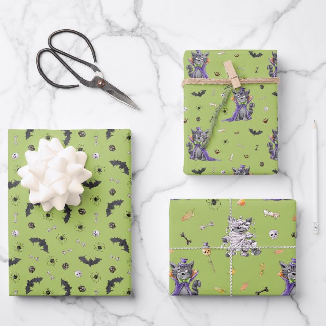 Feuille De Papier Cadeau Chat drôle d'Halloween (Recto)