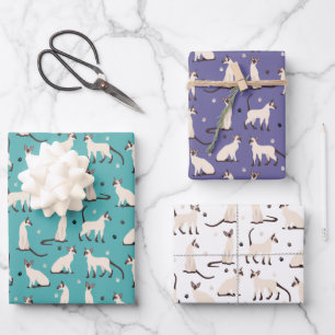 Feuille De Papier Cadeau Chat et pattes de Siamese Turquoise violet blanc