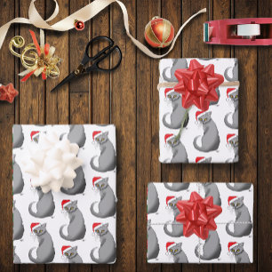 Feuille De Papier Cadeau Chat gris de Noël amusant