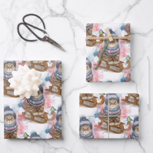 Feuille De Papier Cadeau Chat Mignonne Sur Un traîneau