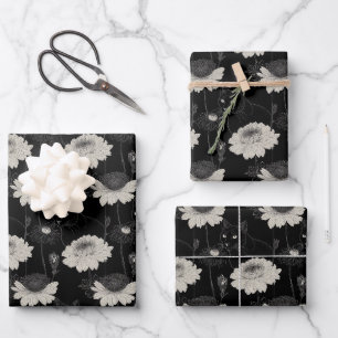 Feuille De Papier Cadeau Chat Noir Borné De Fleurs Blanches