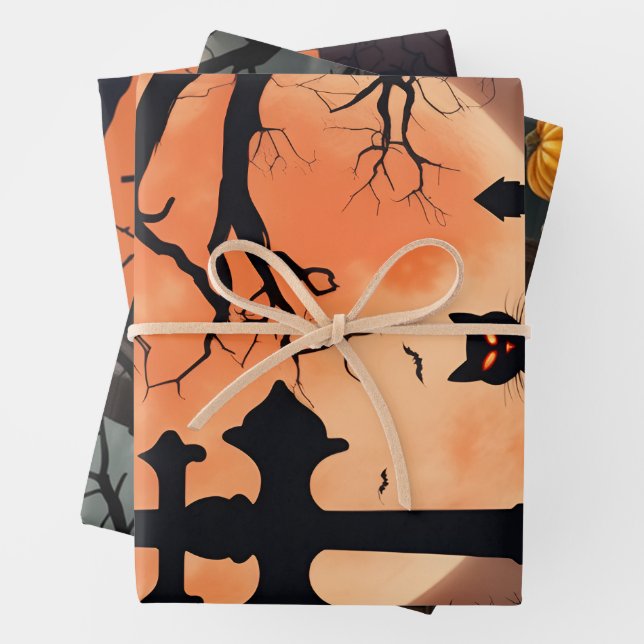 Feuille De Papier Cadeau Chat noir Chat d'Halloween violet, Citrouille oran (En situation)