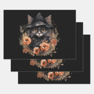 Feuille De Papier Cadeau Chat noir dans l'Halloween Casquette d'une sorcièr