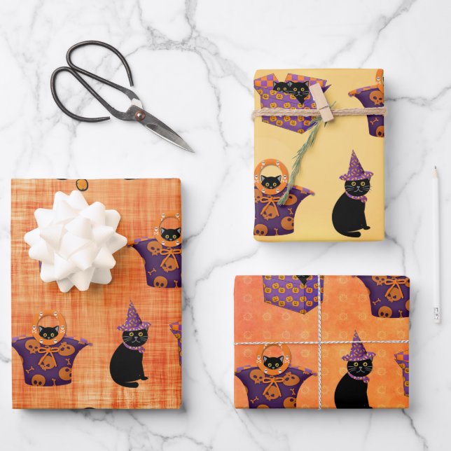 Feuille De Papier Cadeau Chat noir d'Halloween (Recto)