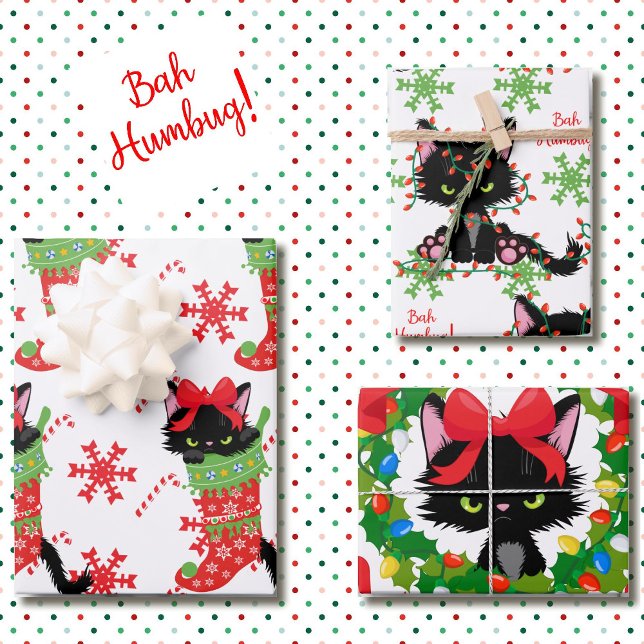 Feuille De Papier Cadeau Chat noir grumeux Bah Humbug rouge et vert 3 (Créateur téléchargé)