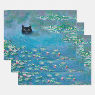Feuille De Papier Cadeau Chat noir nage dans les nymphes d'eau Découpage Ar
