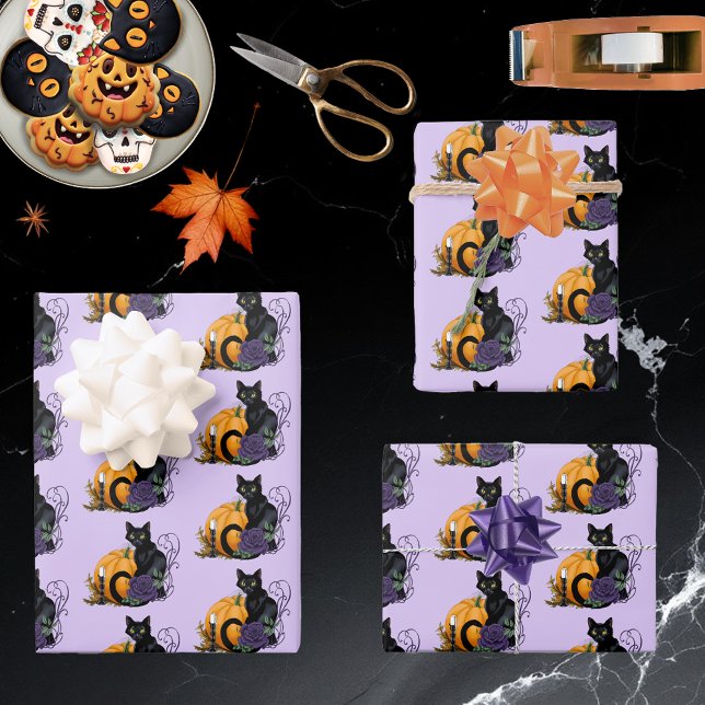 Feuille De Papier Cadeau Chat noir violet Rose Citrouille Halloween (Créateur téléchargé)