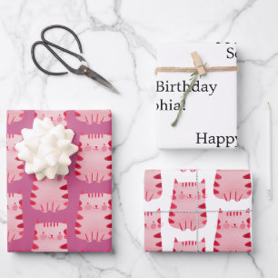 Feuille De Papier Cadeau Chat rose mignon Joyeux anniversaire Personnalisé