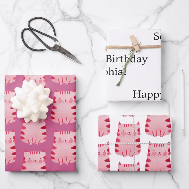 Feuille De Papier Cadeau Chat rose mignon Joyeux anniversaire Personnalisé (Recto)
