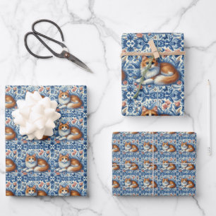 Feuille De Papier Cadeau Chat roux Delft anglais floral bleu blanc