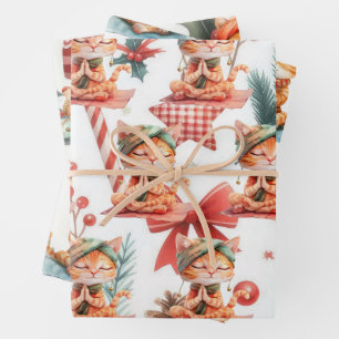 Feuille De Papier Cadeau Chat Yoga avec thème de Noël