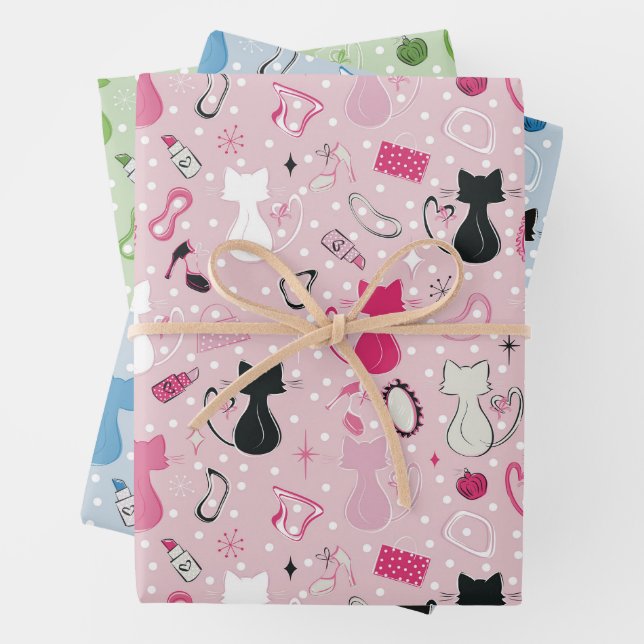 Feuille De Papier Cadeau Chats cardiaques du milieu du siècle (En situation)