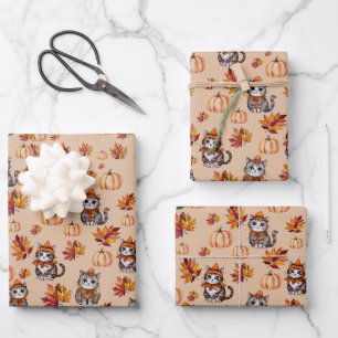 Feuille De Papier Cadeau Chats d'automne et Citrouilles