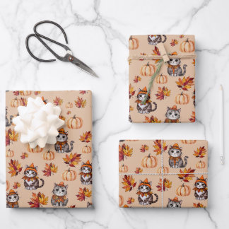 Feuille De Papier Cadeau Chats d'automne et Citrouilles