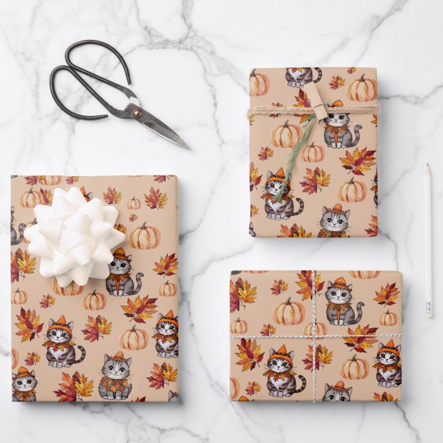 Feuille De Papier Cadeau Chats d'automne et Citrouilles (Recto)
