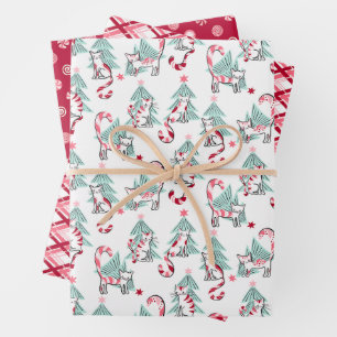 Feuille De Papier Cadeau Chats de Noël à la menthe à papa Ensemble de trois