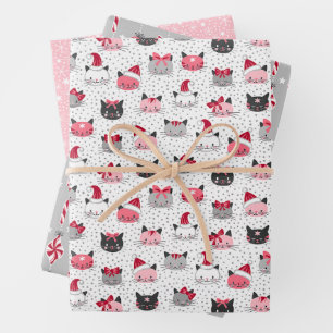Feuille De Papier Cadeau Chats de Noël en Casquette Ensemble de trois