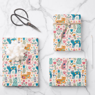 Feuille De Papier Cadeau Chats et fleurs