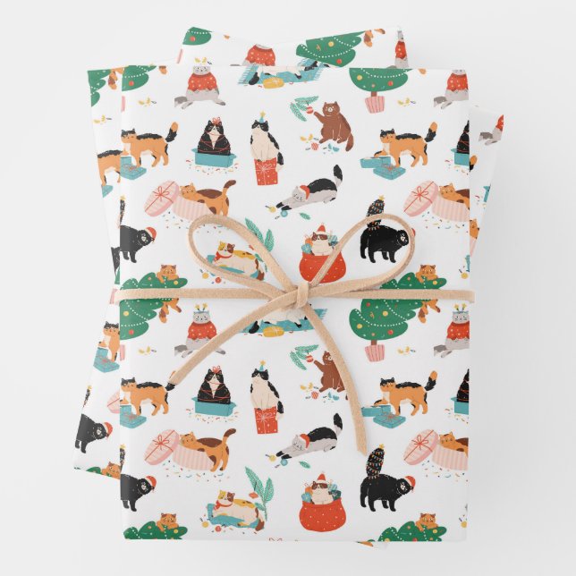 Feuille De Papier Cadeau Chats et Motifs de Noël (En situation)