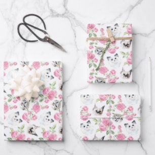 Feuille De Papier Cadeau Chats et Roses