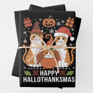 Feuille De Papier Cadeau Chats Joyeux Hallothanksmas Halloween Noël