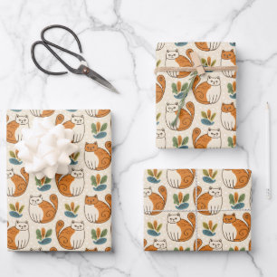 Feuille De Papier Cadeau Chats orange et blanc Style d'art naïf