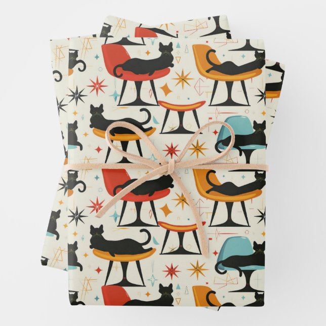 Feuille De Papier Cadeau Chats rétro sur chaise Motif (En situation)