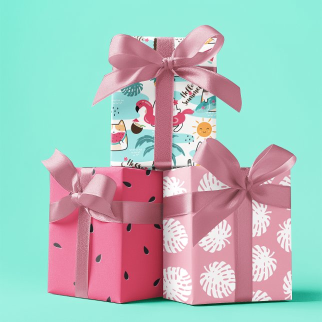 Feuille De Papier Cadeau Chats tropicaux d'été ensemble rose pastel 3 (Summer tropical cats pastel pink set of 3 wrapping paper sheet)