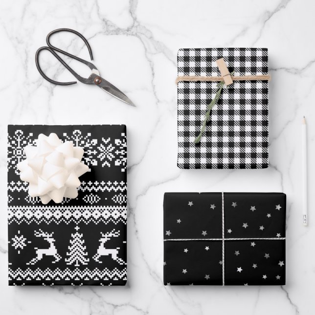 Feuille De Papier Cadeau Chaudron noir moche de Noël buffle plaid & étoiles (Recto)
