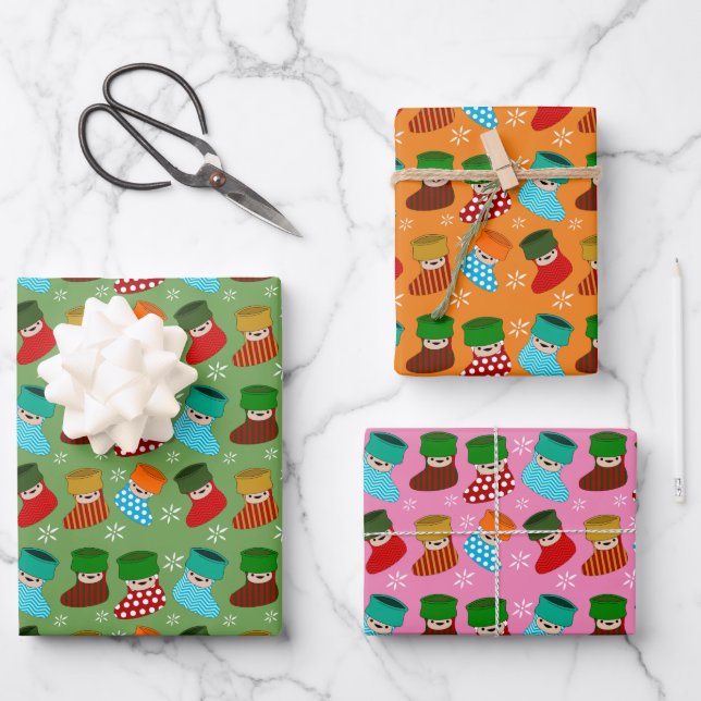 Feuille De Papier Cadeau Chaussettes de Noël mignonnes (Recto)
