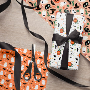Feuille De Papier Cadeau Chauves-souris Citrouilles Motifs fantômes mixtes 