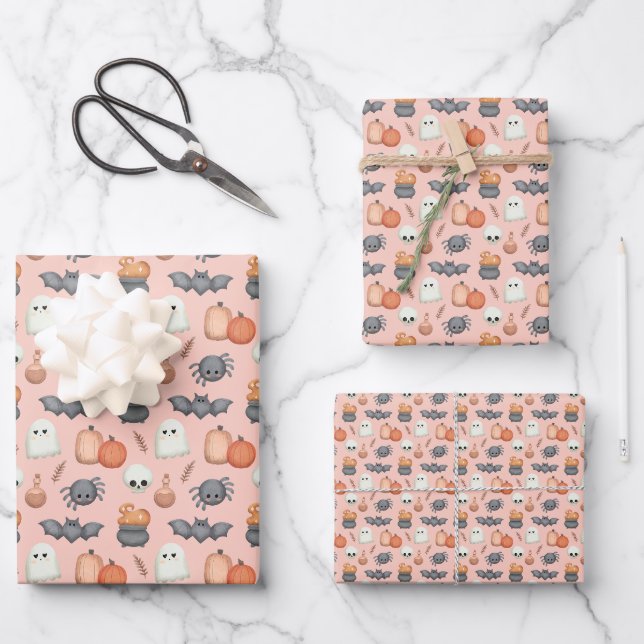 Feuille De Papier Cadeau Chauves-souris et araignées Halloween (Recto)