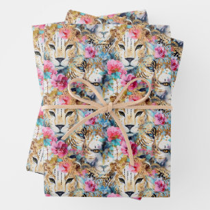 Feuille De Papier Cadeau Cheetah Floral Boho Motif d'aquarelle