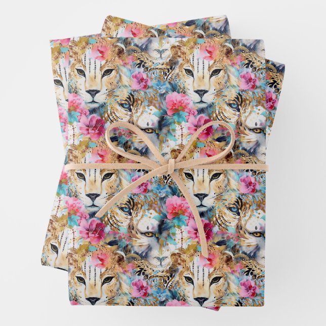 Feuille De Papier Cadeau Cheetah Floral Boho Motif d'aquarelle (En situation)