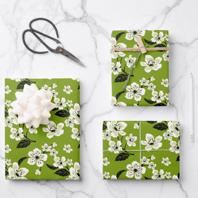 FEUILLE DE PAPIER CADEAU CHERRY BLOSSOM - SAKURA (MATCHA GREEN) (Recto)