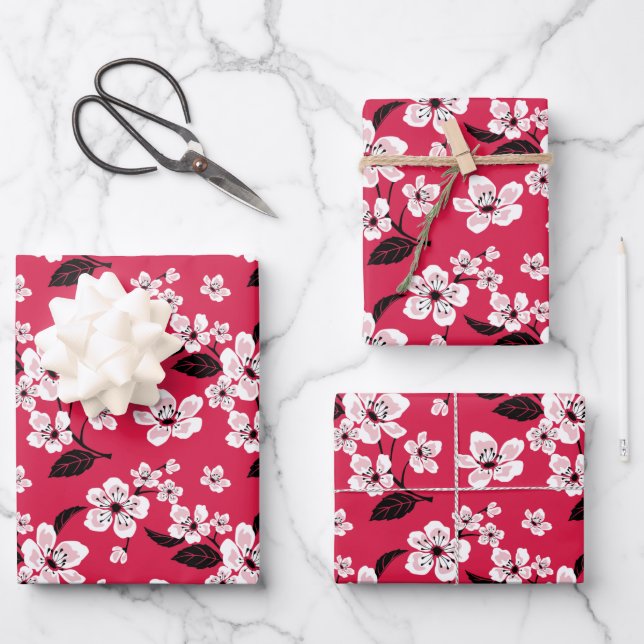 FEUILLE DE PAPIER CADEAU CHERRY BLOSSOM - SAKURA (ROUGE) (Recto)