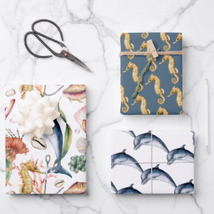 Feuille De Papier Cadeau Cheval de mer et Dauphins, conceptions de jumelage