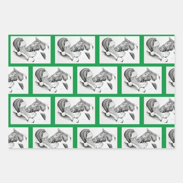 Feuille De Papier Cadeau Cheval de Noël et Père Noël (Devant)