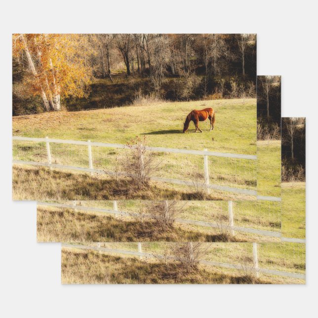 Feuille De Papier Cadeau Cheval Pays Rustique Automne Découpage (Lot)