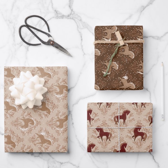 Feuille De Papier Cadeau Chevaux avec des éléments floraux (Recto)