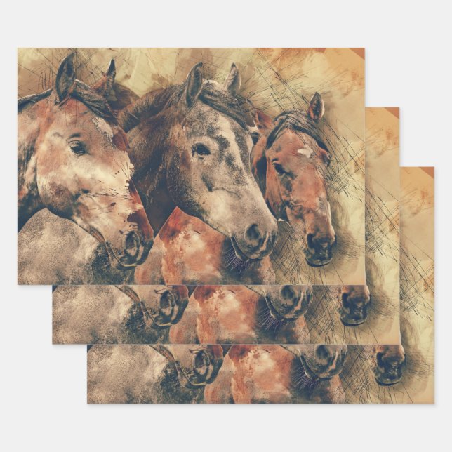 Feuille De Papier Cadeau Chevaux d'aquarelle (Lot)