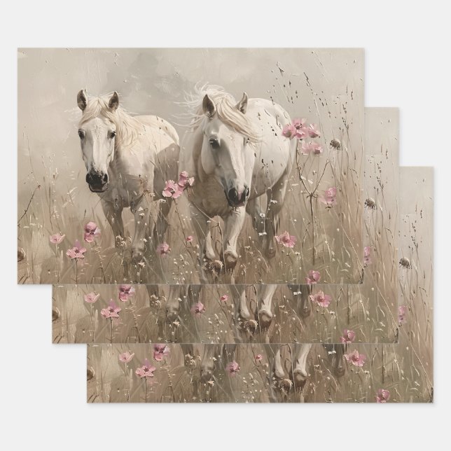 Feuille De Papier Cadeau Chevaux gris Fleurs roses Peinture à l'huile Décou (Lot)