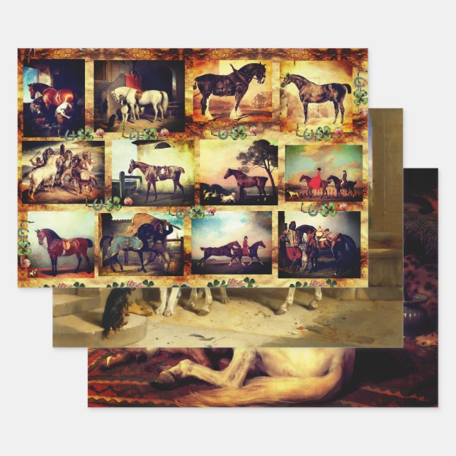 FEUILLE DE PAPIER CADEAU CHEVAUX PEINTURES D'ART FIN, CHAUSSURES PARCHEMENT (Lot)